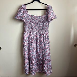GAP floral dress with smocked top, off shoulder flutter sleeves.